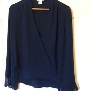 Women Sz S Navy Blue Lace Fairy Feminine Office Flattering Sheer Top